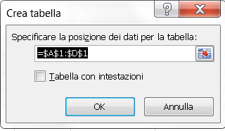 Finestra Excel per creare un tabella